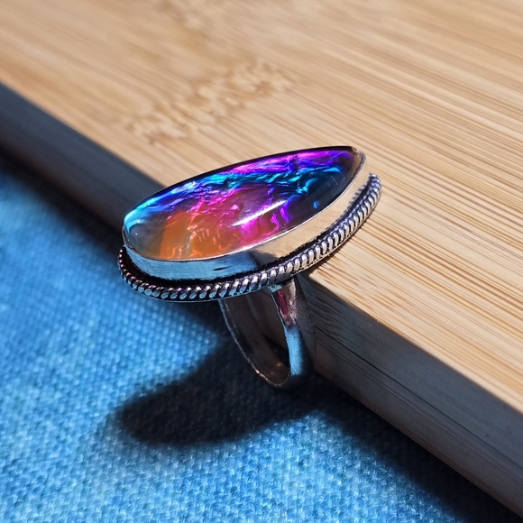 ❌SOLD❌️Dichroic Glass Art Ring Size 7.5 Hand Crafted 925 Sterling Silver Overlay - Picture 8 of 9